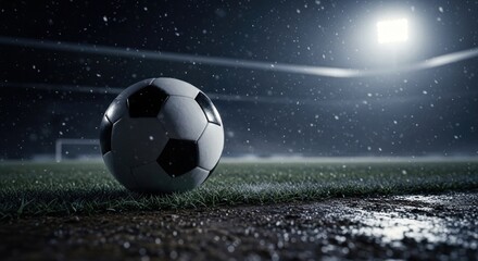 Fototapeta premium A soccer ball sits on a wet, grassy field under stadium lights during a rainy night game.