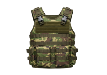 Camouflage military tactical vest isolated on white, army body armor for combat and security
