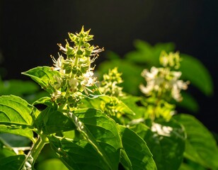 Fototapeta premium Close-up of basil flowers and leaves