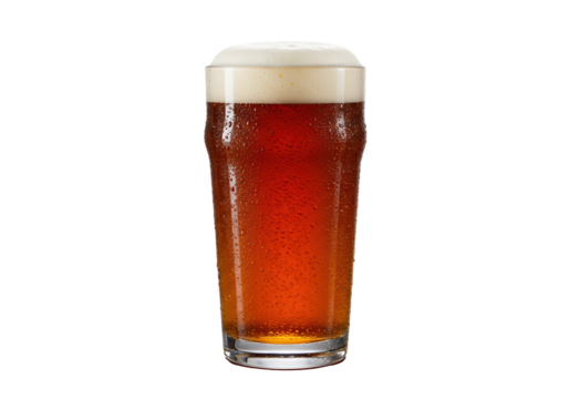 Refreshing amber ale in a tall glass isolated on white, cold beer with foam head