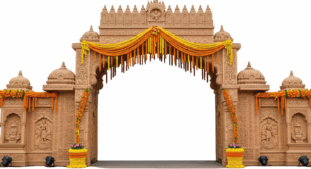 Traditional Indian Entrance Gate with Marigold Garlands and Open Doors PNG