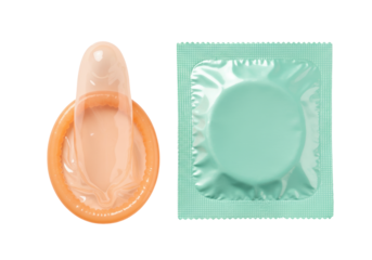 Condom and package isolated on white, birth control and sexually transmitted disease prevention