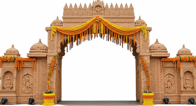 Traditional Indian Entrance Gate with Marigold Garlands and Open Doors PNG