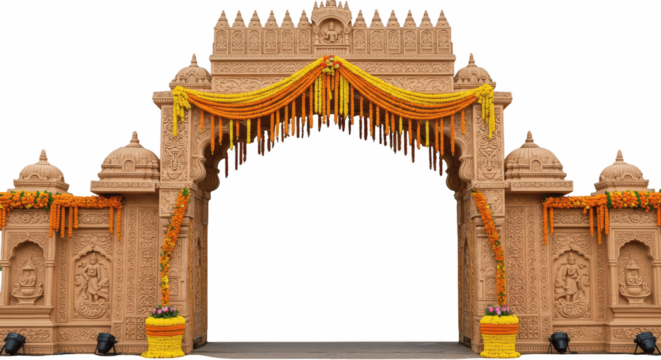 Traditional Indian Entrance Gate with Marigold Garlands and Open Doors PNG