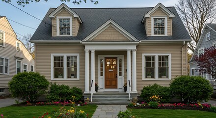 Fototapeta premium Traditional American residential style home with multi-pane glass door and gabled portico, Brighton, Massachusetts, USA