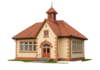 Small schoolhouse building isolated on transparent background, traditional architecture PNG format