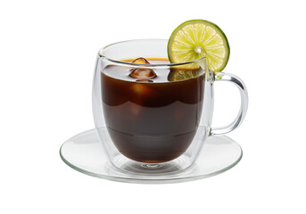 Iced coffee in glass mug with lime isolated, refreshing summer drink on transparent background
