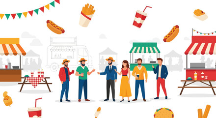 Diverse People Enjoying a Vibrant Outdoor Street Food Festival.