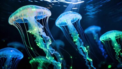 Neon illuminated jellyfish floating in ocean with bright bioluminescent glow - Powered by Adobe