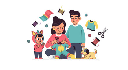 Happy Family Sewing and Crafting Clothes with Dog.
