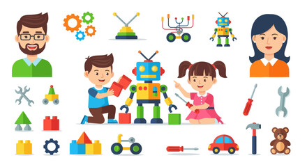 Children Building and Playing with a Colorful Robot Illustrating STEM Learning.