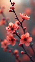 Delicate coral flowers and red berries on dark branches. Soft natural light falls on blooming plum tree blossoms. Gentle bokeh background with warm tones.