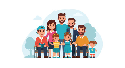 Cartoon Illustration of a Multi-Generational Family Group Portrait with Diverse Ages and Relationships.