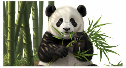 Giant panda eating bamboo in lush green forest with natural lighting on white background for wildlife illustration.