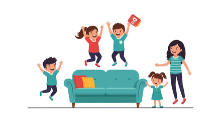 Joyful Family Celebrating Together Around a Teal Sofa.