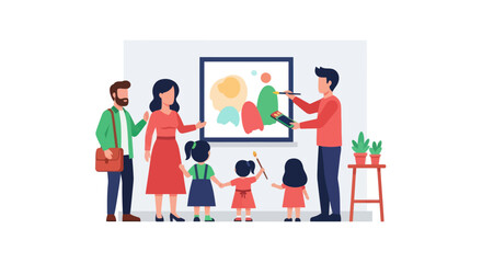 Family Viewing Abstract Art in Gallery.