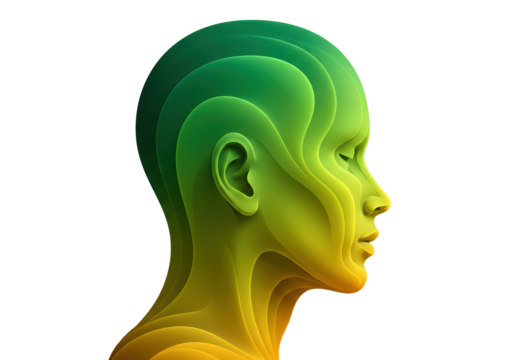 Abstract layered head profile in green and yellow isolated, conceptual mind art