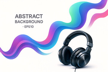 Black headphones with colorful abstract wave background symbolizing music, audio, and entertainment design