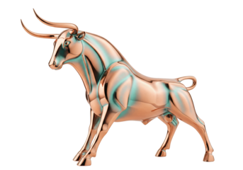Copper bull statue isolated on transparent background, financial symbol of strength and power