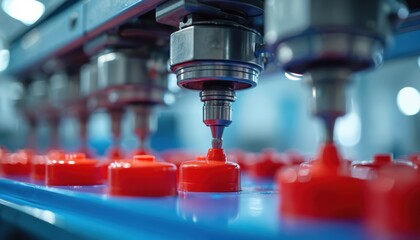 Automated machine creates red plastic caps for bottles on a blue conveyor belt in a factory. Precision engineering ensures efficient mass production of caps.
