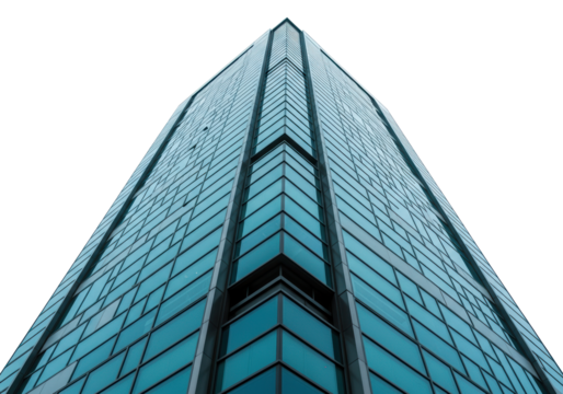 Modern blue glass skyscraper isolated against clear sky, tall office building architecture