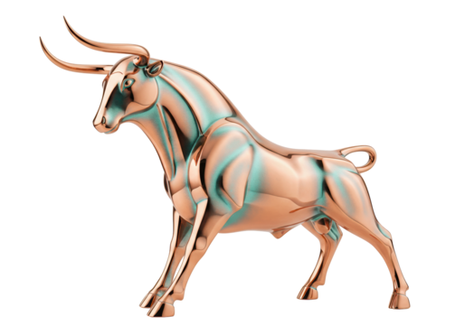 Copper bull statue isolated on transparent background, financial symbol of strength and power