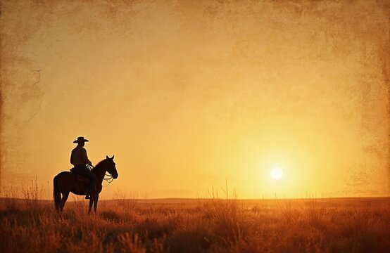 Cowboy rider on horseback silhouetted against warm sunset sky. Vast dry grass field landscape. Vintage paper texture overlay creates retro feel.