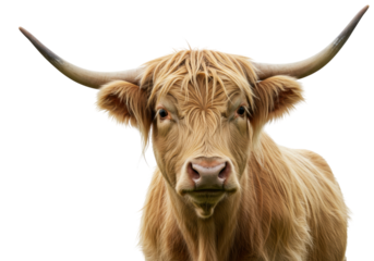 Highland cow isolated on transparent background, blonde Scottish cattle with long horns