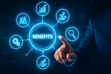 Business strategy benefits analysis concept with digital icons and futuristic technology interface visualization