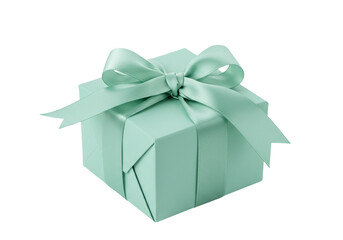Mint green gift box with ribbon isolated on transparent background, present for special occasion