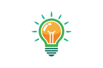 An orange light bulb encased in a vibrant green outline radiates short teal lines