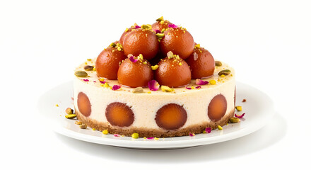 Gulab Jamun Cheesecake dessert in creamy white with warm golden lighting on white plate for celebration