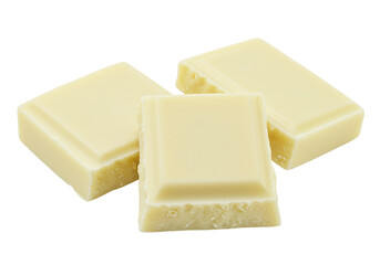 Three pieces of white chocolate isolated on transparent background, sweet confectionery treat