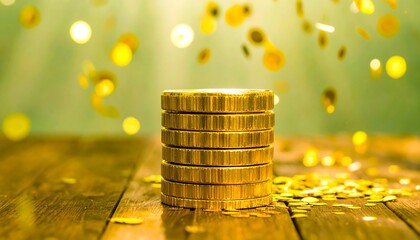Gold coins are stacked on a rustic wooden surface with blurred background of falling coins