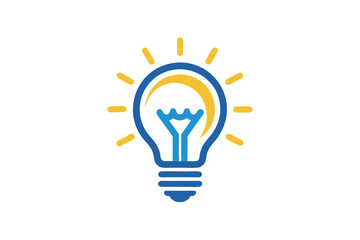 Blue lightbulb icon shines with yellow elements on a white plain background