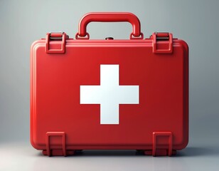 Obraz premium Bright red medical kit box features prominent white cross symbol. Sturdy handle, secure latches for transport. Essential supply provides immediate help for minor injuries, emergencies, health care,
