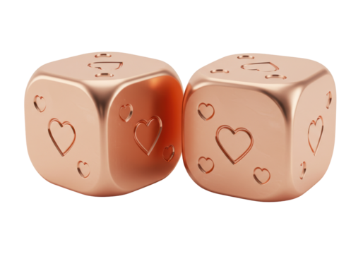 Two rose gold dice with heart symbols isolated on a clean background, love and romance concept