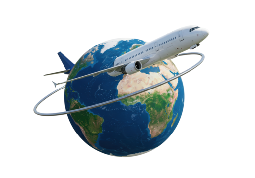 Airplane flying around the world isolated on transparent background, global travel concept