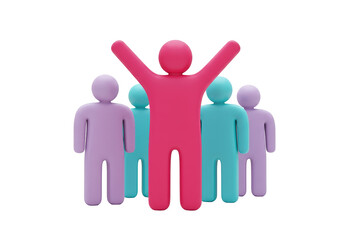 Pink leader with arms up isolated PNG, surrounded by team members on transparent background
