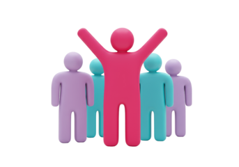 Pink leader with arms up isolated PNG, surrounded by team members on transparent background