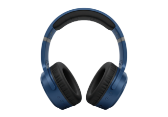 Blue wireless headphones isolated on white, modern audio equipment for music listening