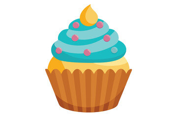 Cupcake with turquoise frosting and yellow droplet stands alone against a white background
