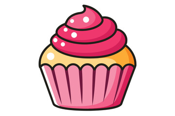 Cartoon cupcake shows pink frosting with white spots on an isolated white background