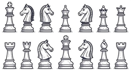 Twelve stylized chess pieces arranged in two rows, sketched with hatching and linework
