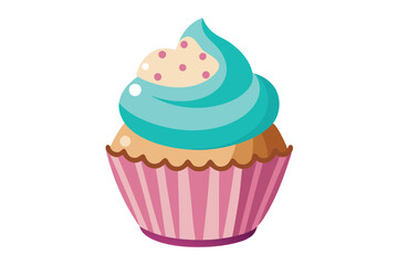 Sweet cupcake with light blue frosting and pink sprinkles presented on white backdrop