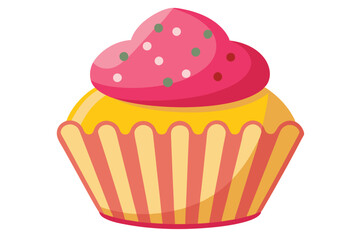 Delicious yellow cupcake features fluffy pink frosting and colorful sprinkles against a white background