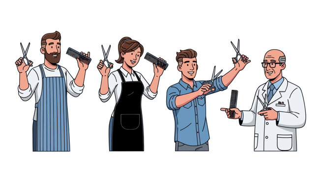 Diverse Professional Barbers and Hairdressers Holding Scissors and Combs. - Powered by Adobe