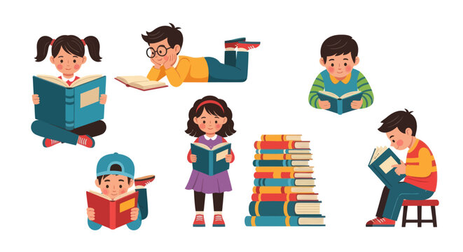Cartoon Children Reading Books in Various Poses. - Powered by Adobe