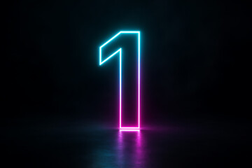 Neon glowing number one digit with futuristic blue and pink gradient lighting effect in dark background