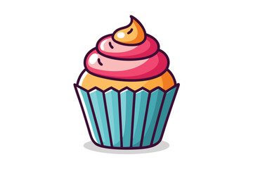 A delicious cupcake with pink frosting and a blue wrapper looks incredibly tempting